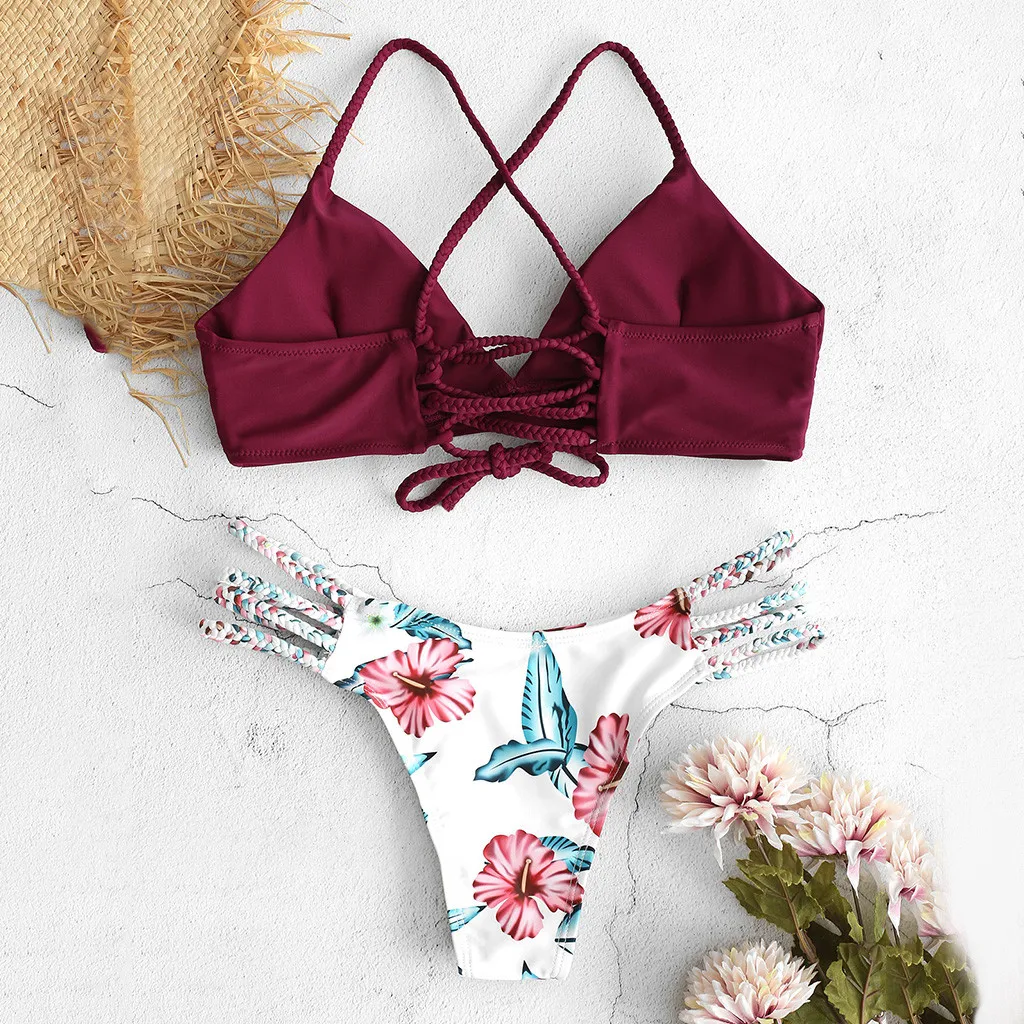 

Bikini 2019 Sexy WWomen Bikini Cut Flower Two Piece Swimsuit Pushups Swimwear Beachwear Off shoulder swimsuit female Y