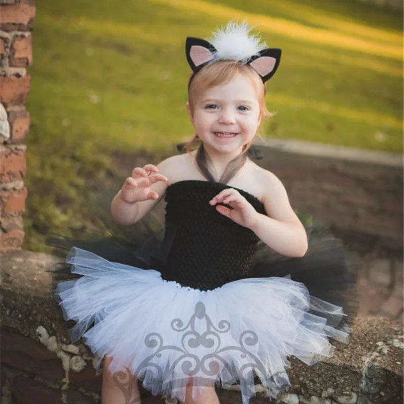 Cute Girls Black Cat Tutu Dress Kids Fluffy Tulle Ballet Tutus with Hairbow Children Party Animal Cosplay Costume | Детская одежда и