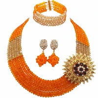 fashion orange gold multi strands beads necklace sets nigerian wedding african beads jewelry set crystal 6 ss11