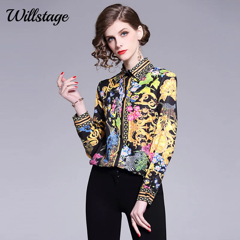 Женская офисная блузка Willstage Элегантная с цветочным принтом и длинным рукавом