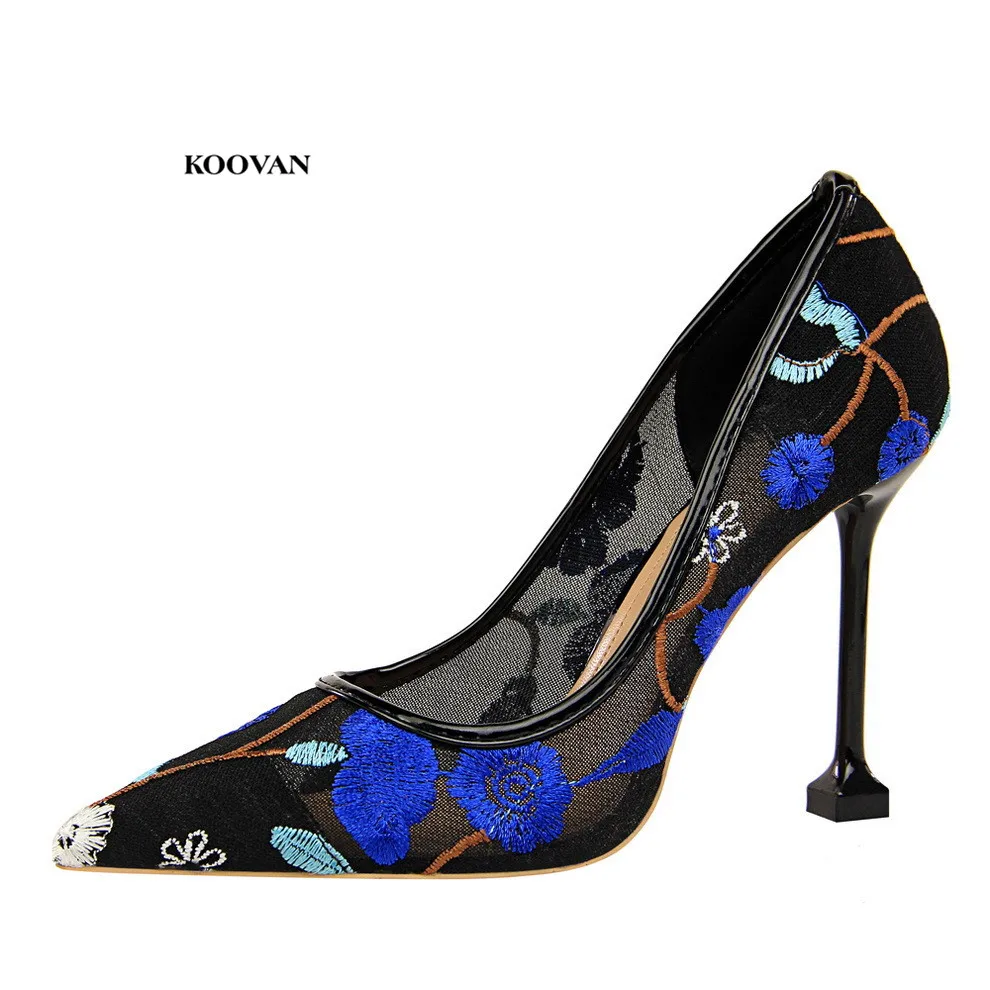 

Koovan Women's Pumps 2018 New Fashion High-heeled Pointed Flowers Embroidered Lace Silky Hollow Sexy Nightclub Shoes For Women