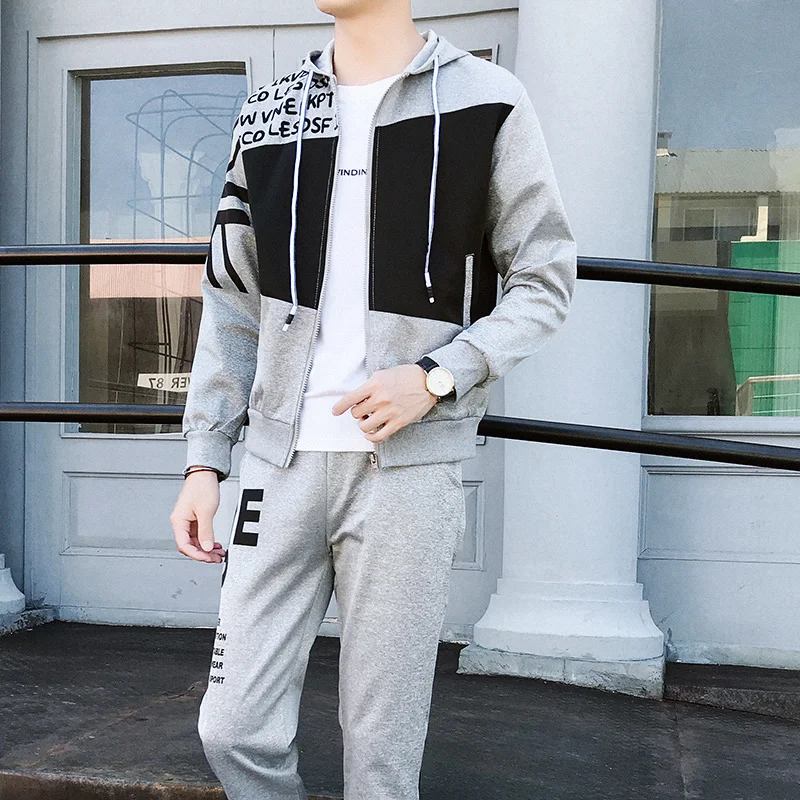 gray Спортивный костюм для мужчин, спортивный костюм с капюшоном, с буквенным принтом, Malechandal Hombre,, весна-осень, толстовка с капюшоном+ штаны, комплект - Color: gray