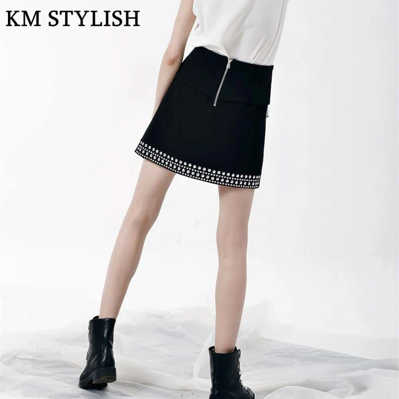 Черная юбка с высокой талией заклепками в стиле панк европейском и американском S