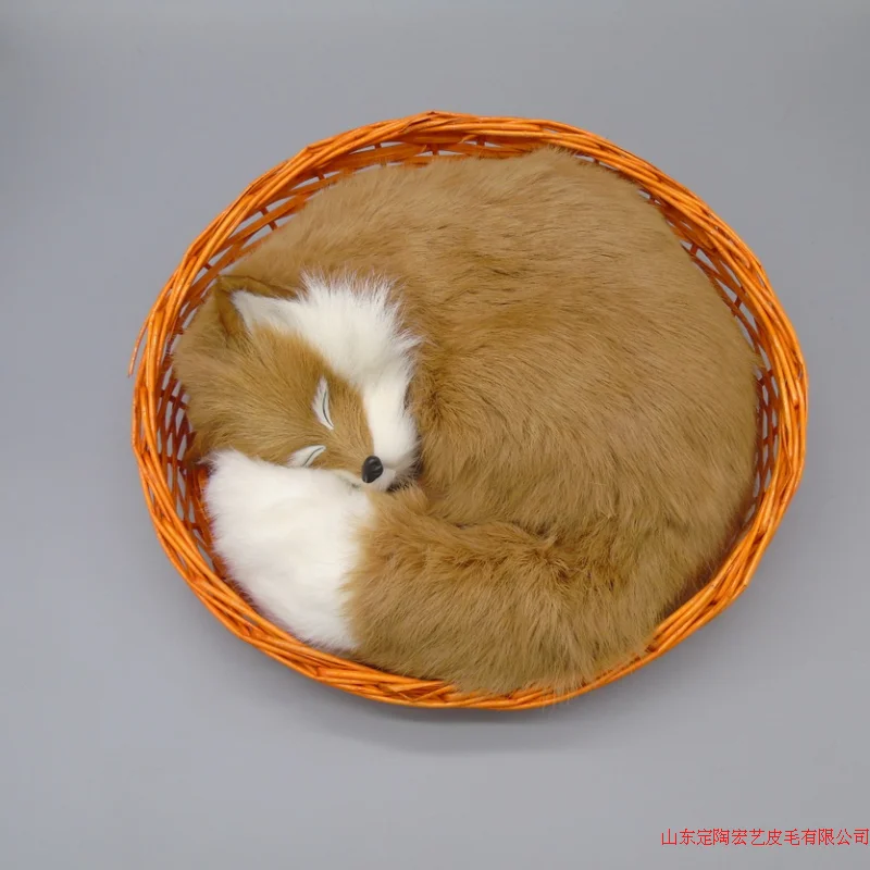 

yellow simulation fox toy polyethylene & furs big sleeping fox model in a basket gift about 27x27x12cm 201