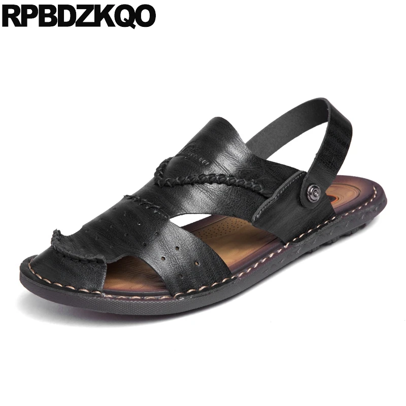 

Size 46 Men Sandals Leather Summer Fashion Outdoor Blue 47 Flat Shoes Big Slides Slippers Water Native Closed Toe Mules Black