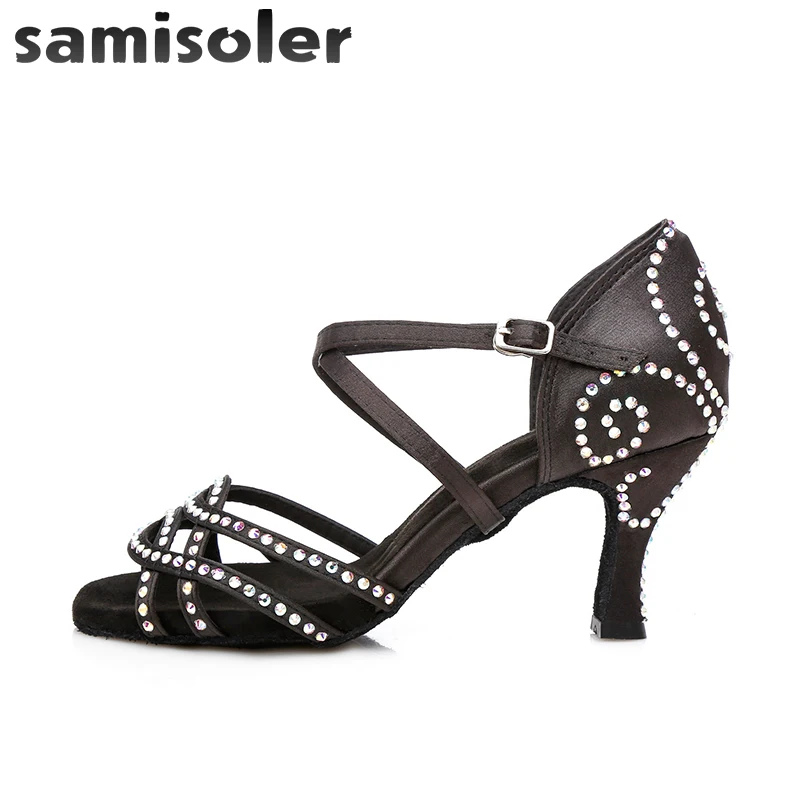 Samisoler Latin Dance Shoes Women with Black Satin tango jazz Salsa Rhinestone Shoes Dance For Women Ballroom Dancing Shoes Hig