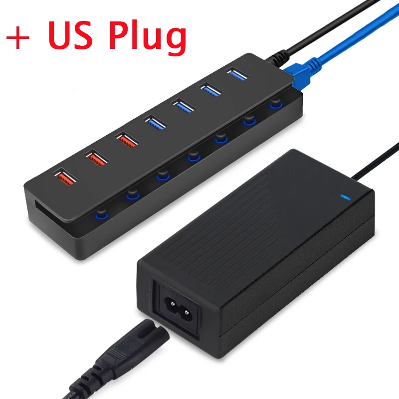 7 Порты USB 3,0 концентратор USB зарядные устройства с функцией умной зарядки Порты высокое Скорость Разветвитель USB 5V 5A Мощность адаптер для ноутбука Macbook Pro - Цвет: Black with US Power