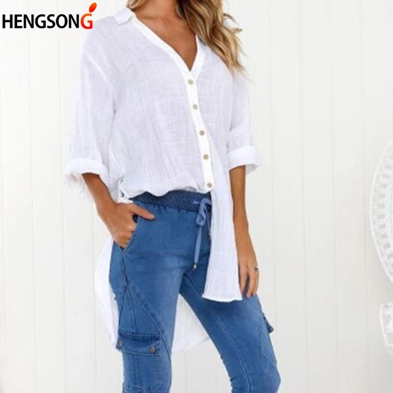 Women's Shirt V-Neck Long Sleeve Irregular Blouses Side Knotted Female blouse Button Tops |