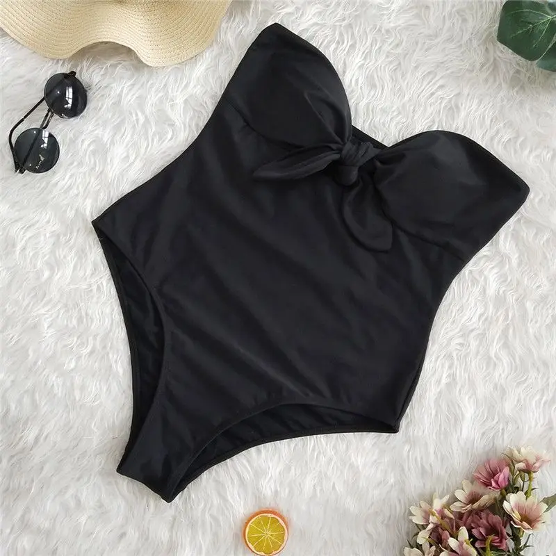 Black Swimsuit Сексуальный женский ретро купальник с высокой талией, Женский цельный купальник, Женский бандо с завязками спереди, купальник с вырезами, монокини - Цвет: Black Swimsuit