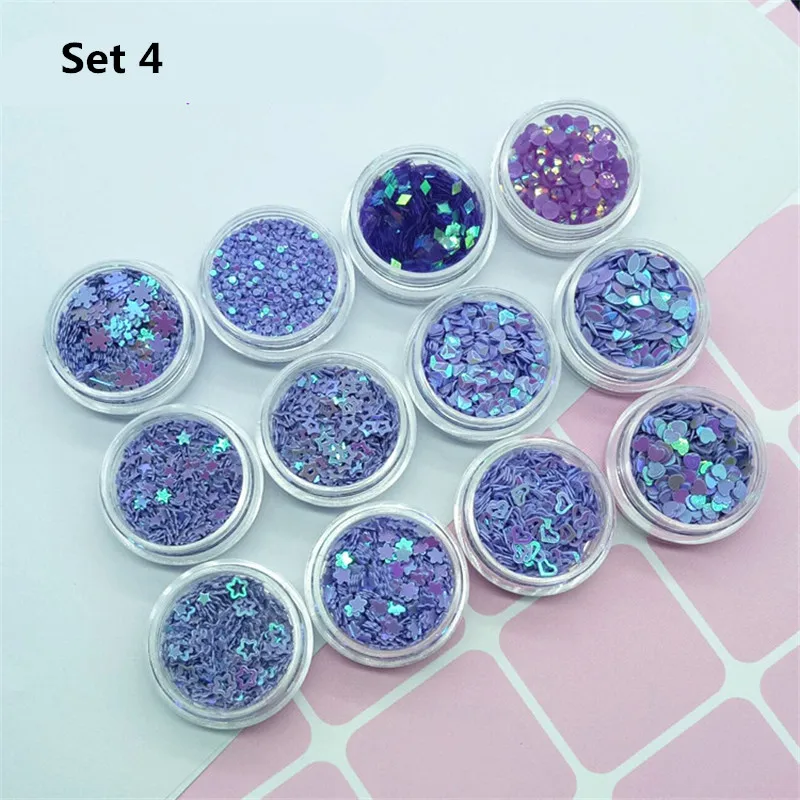 SET 4 12 коробок, для дизайна ногтей, блестки, пыль, блестки, розовый, фиолетовый, Микс, любовь, звезда, точечное украшение, ногти, блестка, хлопья, глаза, аксессуары для макияжа - Цвет: SET 4