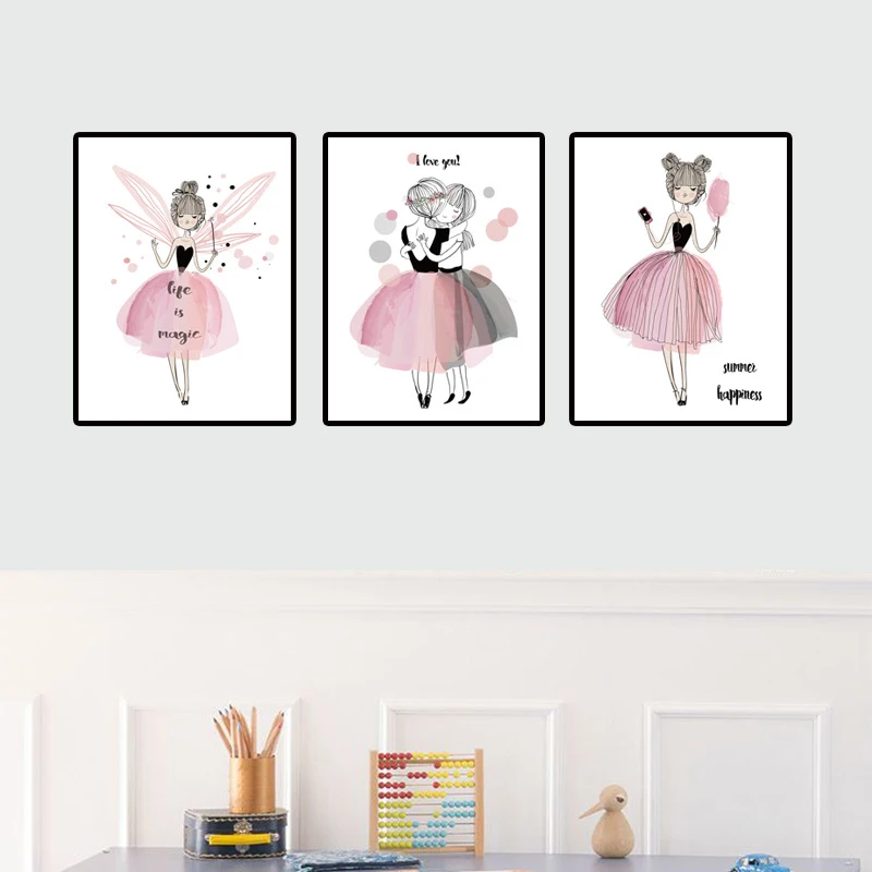 

HAOCHU Cute Cartoon Girl Canvas Painting Pink Princess Home Wall Art Print Poster Living Room Bedroom Decorative Painting Mural