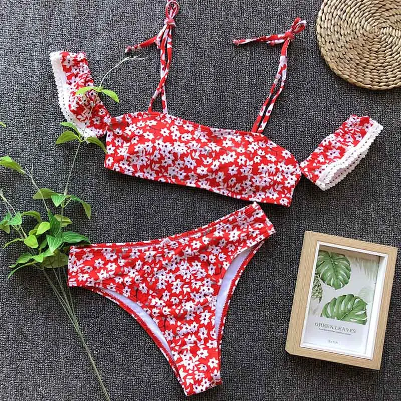 2019 High Waist Bikini Set Floral Sleeve Bikinis Bandeau Brazilian Biquini Swimwear Women Printed Swimsuit Push up Bathing Suits |