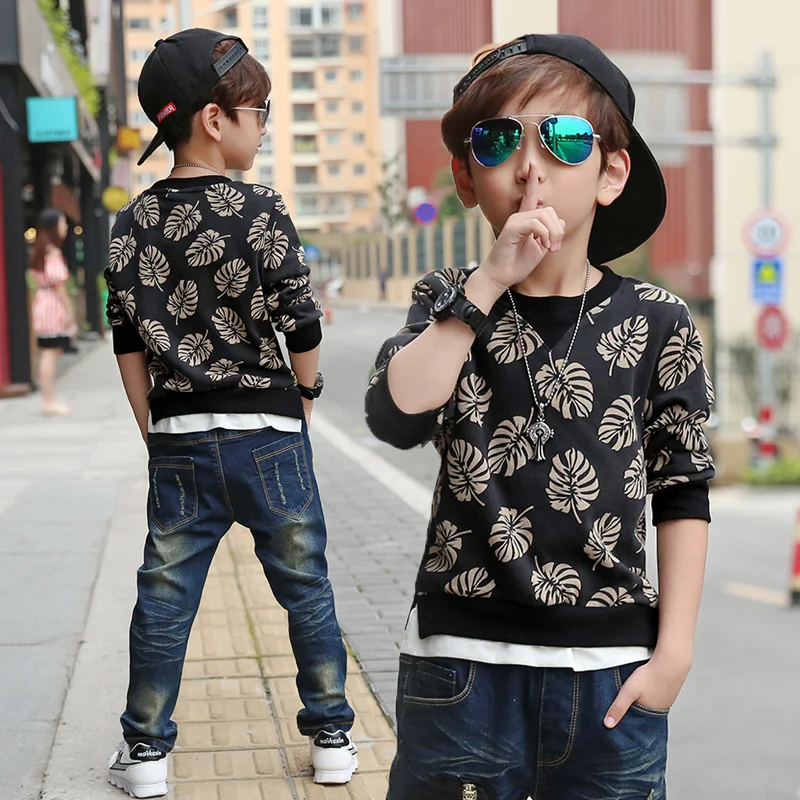 Boys Long Sleeve T-shirt Spring and Autumn New Style 2021 Kids Round-collar Top Fake Two Pullovers Children's Wear Clothes X374 | Детская