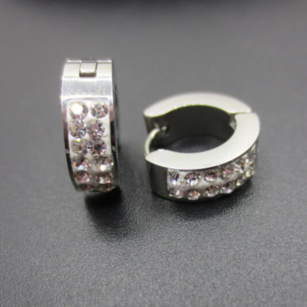 Маленькие серьги кольца серебряные золотые стразы круглые из нержавеющей стали