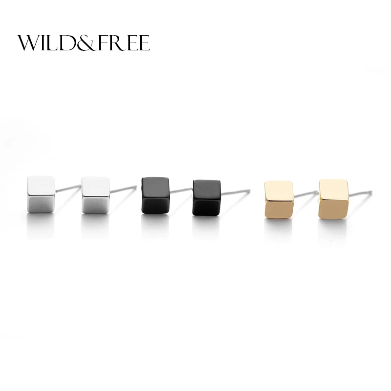 Женские квадратные серьги гвоздики 3 цвета золотистые черные медные