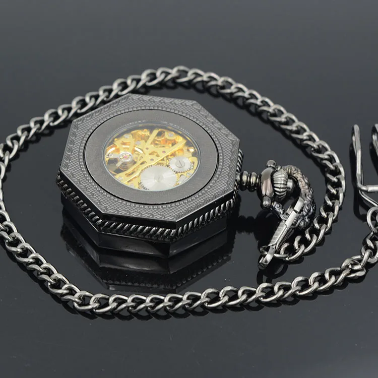 United Kingdom Bat Hexagon Skeleton Watches Steampunk Pocket Watch Antique Black Half Hunter Mechanical | Наручные часы
