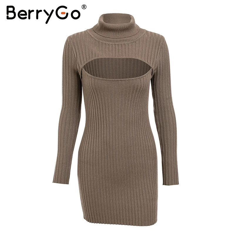 BerryGo, сексуальное черное зимнее вязаное платье с замочной скважиной,, водолазка, длинный рукав, платье-свитер, женское тонкое облегающее короткое платье на осень