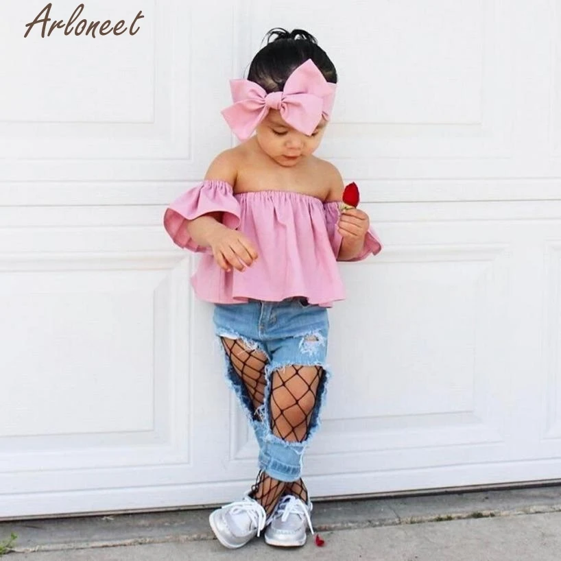 2017 fashiontoddler детские для маленьких девочек Off Shoulder Ruffle футболка Топы