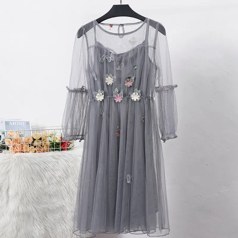 Women Fashion Dress Женское платье с рукавом-фонариком, Тюлевое платье с круглым вырезом, платье с цветочным принтом и бабочкой, повседневный пуловер, Сетчатое, Марлевое, эластичное, тонкое, высокая талия, вуаль, платье с оборками - Цвет: Women Fashion Dress