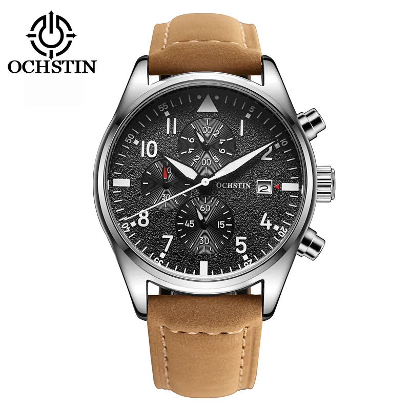 043B-Brown OCHSTIN новые спортивные часы мужские модные повседневные Брендовые Часы с хронографом Роскошные водонепроницаемые светящиеся часы с кожаным ремешком наручные кварцевые часы - Цвет: 043B-Brown