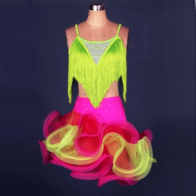 

Latin Dance Dress Women/Girls For Sale Rose/Yellow/Blue/Green Fitness Clothes Stage Costumes Tassel Cha Cha/Rumba Dance Dresses