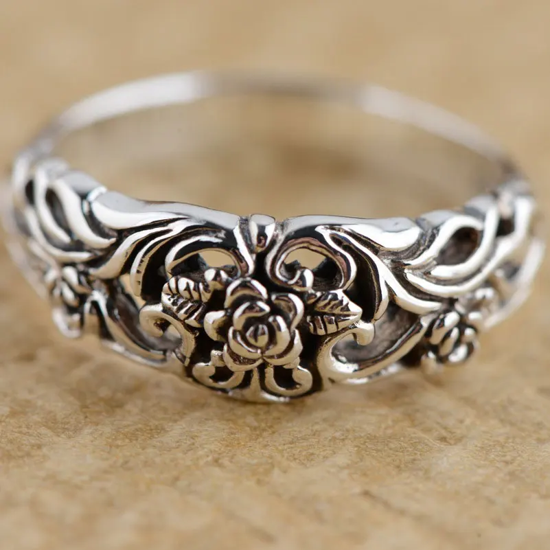 Женское Винтажное кольцо FNJ 925 пробы Серебряное с цветком розы S925|thai silver ring|rose flower