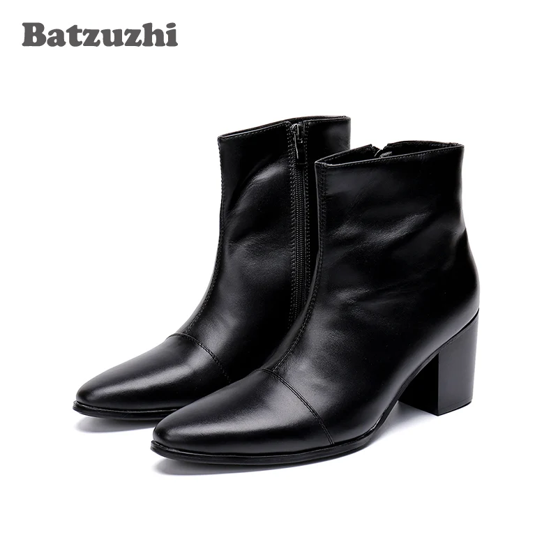 

Batzuzhi Men Boots 7CM High Heels Genuine Leather Boots Men Ankle Black Knight Boots Men Handsome Botas Hombre Party/Wedding Men