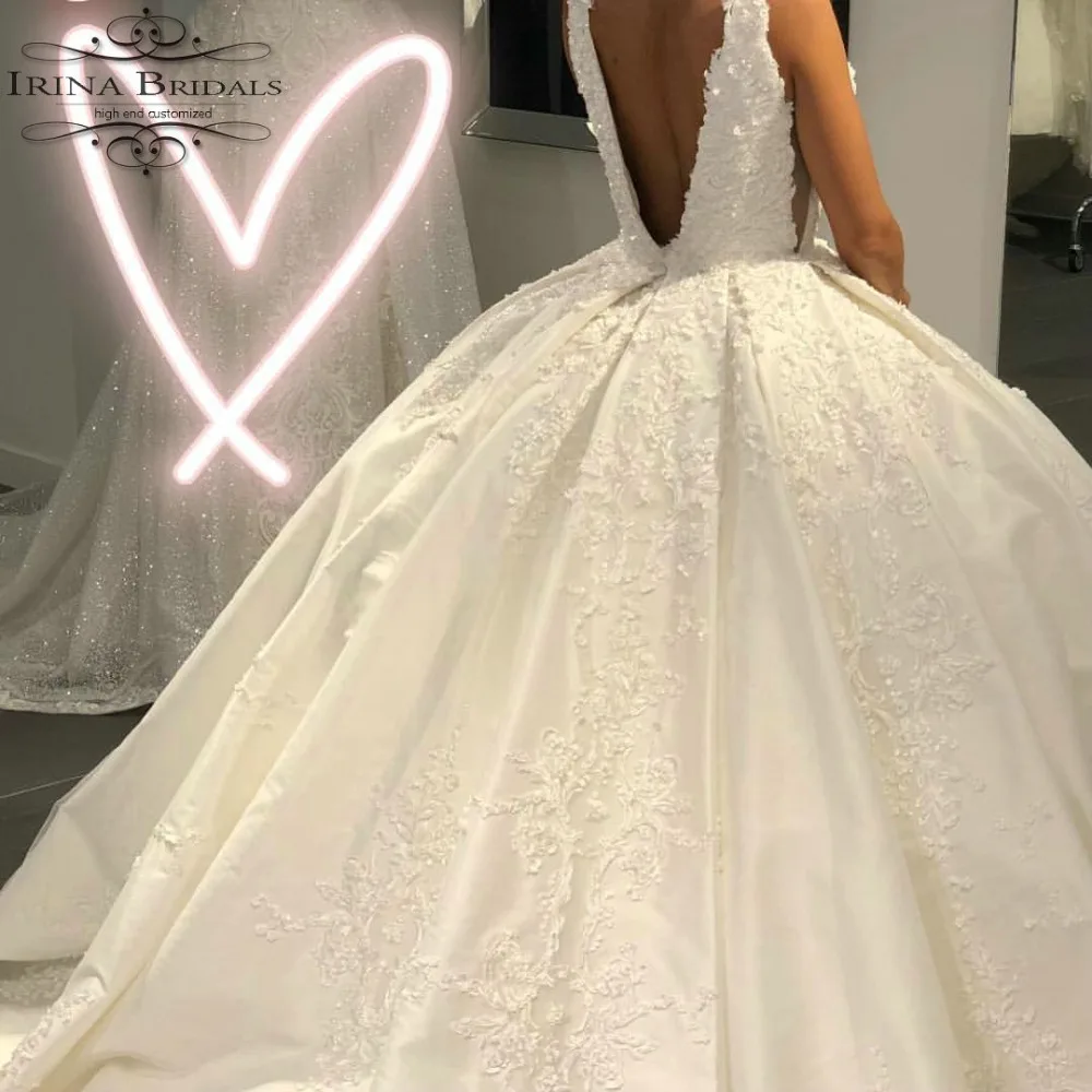 Robes de mariee с коротким рукавом Кружева аппликация v-образным вырезом спинки свадебное платье