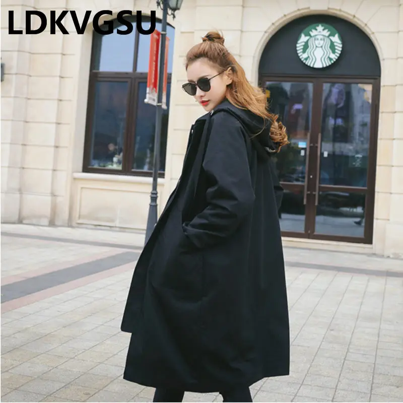 

2018 Autumn New Women Long Style Trench Coat Thin Solid Outwear Casual Hooded Loose Long Sleeve Coat Female Trench Is1130