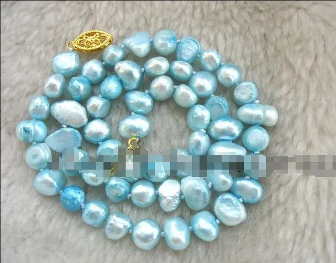 

Free Shipping >>>>>freshwater pearl sky blue baroque 8-9mm necklace 16" nature wholesale beads fash