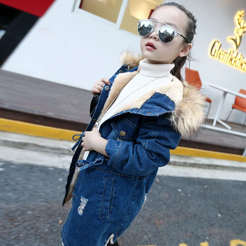

Girls Blue thick denim Jackets New Winter Children Long Warm Clothes Girl Kids Outerwear Coats Denim Long Sleeve Jacket