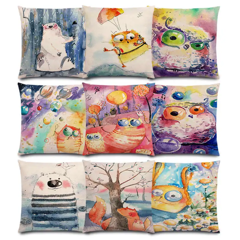 Забавные акварельные большие маленькие глаза животные друзья кошка Рыба Медведь