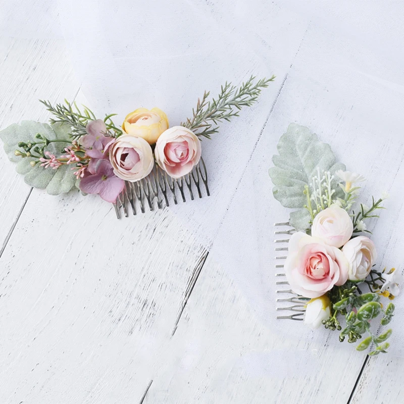 

New Style Greenery Colorful Flower Hair Comb Floral Women Headpiece for Wedding Ceremony Bride Accessories