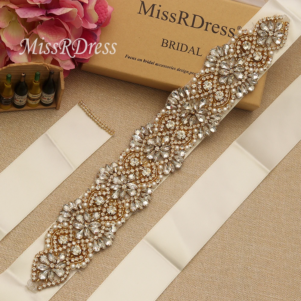 

MissRDress Crystal Wedding Dress Belt Gold Rhinestones Bridal Belt Handmade Pearls Bridal Sash For Wedding Gown JK832