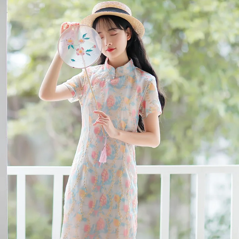 Китайское платье Ципао hanfu летнее с коротким рукавом Китайская традиционная