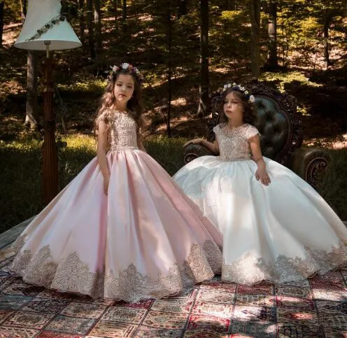 Luxury New Custom Made Flower Girls Dresses Ball Gown Short Sleeve Lace Satin First Communion Dress Size 2-16 | Детская одежда и
