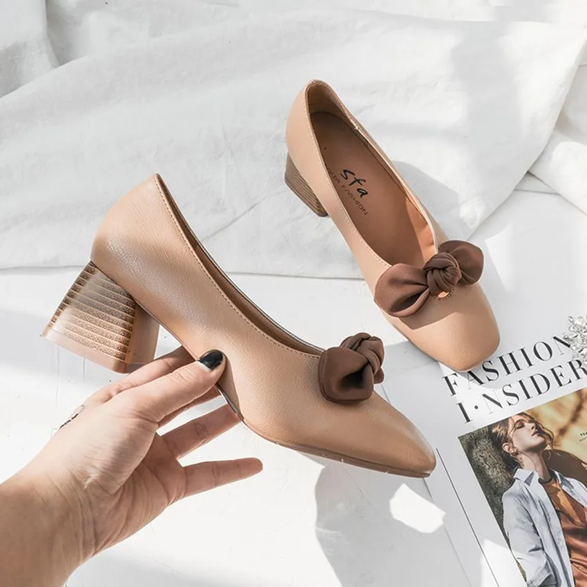

Женские туфли с бантом-бабочкой, повседневные туфли из мягкой кожи на среднем грубом каблуке, весна 2019