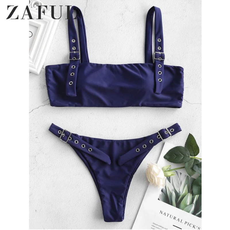 Женский купальник бикини ZAFUL черный однотонный топ с пряжкой на петельках
