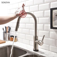 nickle brushed brass smart touch sense control kitchen faucet double flow setting pause button pull out sink mixer water tap