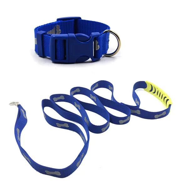 Luminous or Reflective Dog Leash+Collar Bone and Paw Pattern Nylon Double Handle Leash Adjustable puppy Pet dog collar | Дом и сад