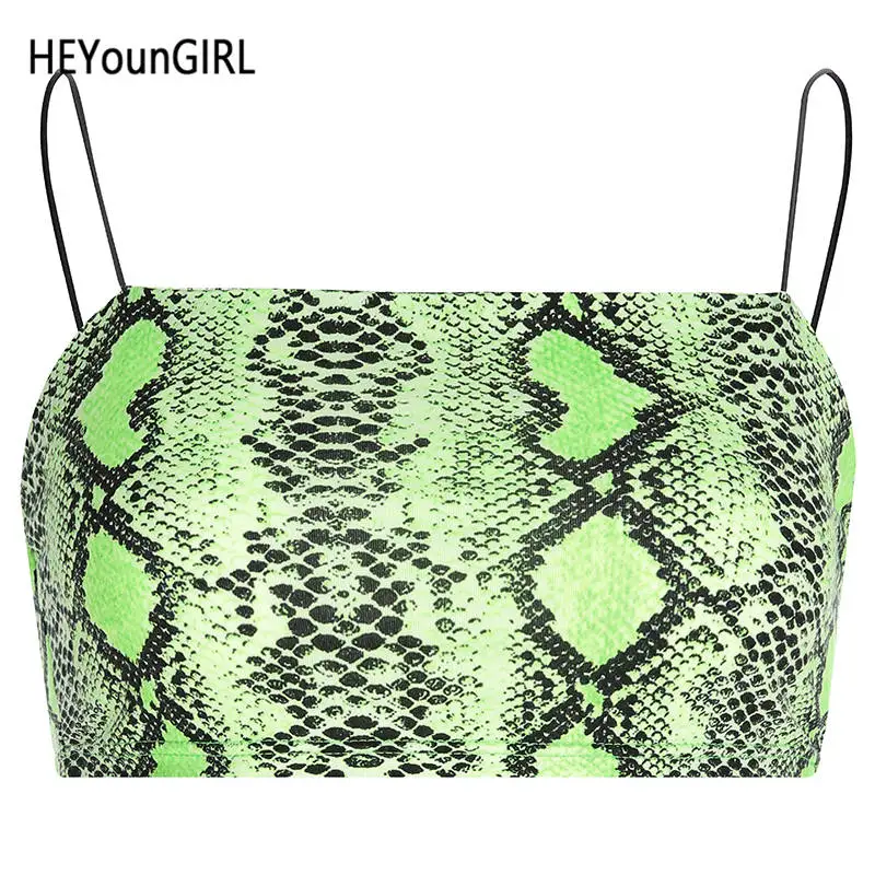 Армейский зеленый HEYounGIRL, змеиный принт, неоновый зеленый укороченный Топ для женщин, открытая спина, без рукавов, сексуальный топ на бретельках, Повседневный, Harajuku, Croptop, летняя уличная одежда - Цвет: Армейский зеленый