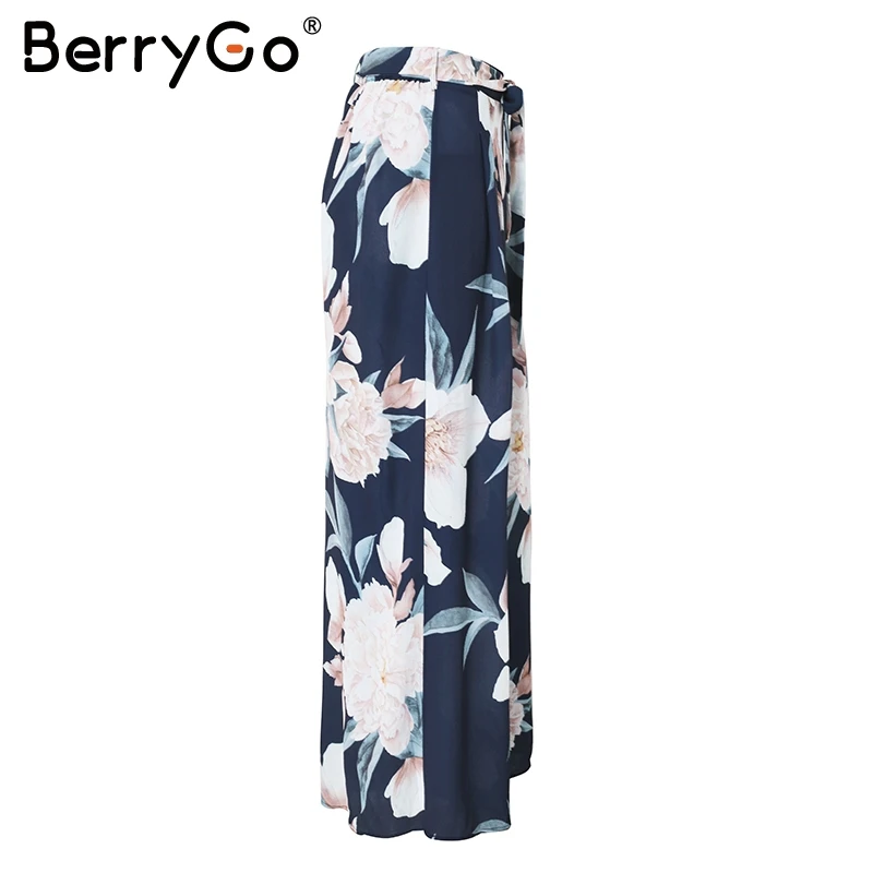 BerryGo Sash свободные с принтом широкие брюки женские эластичные с цветочным принтом boho повседневные брюки женские летние пляжные брюки с высокой талией
