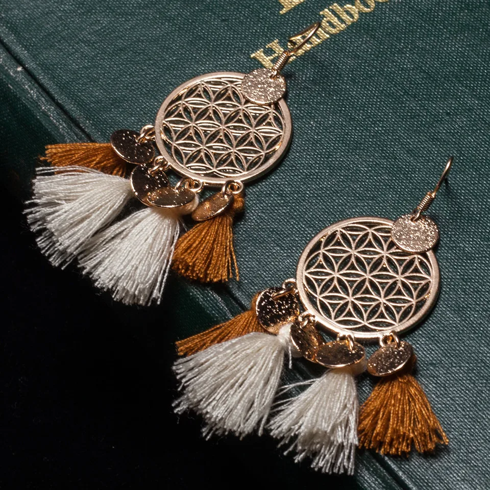 Gold color round sequins boho ethnic tassel drop earrings Women ladies 2017 fashion earring bohemia statement vintage wedding|tassel earrings|tassel
