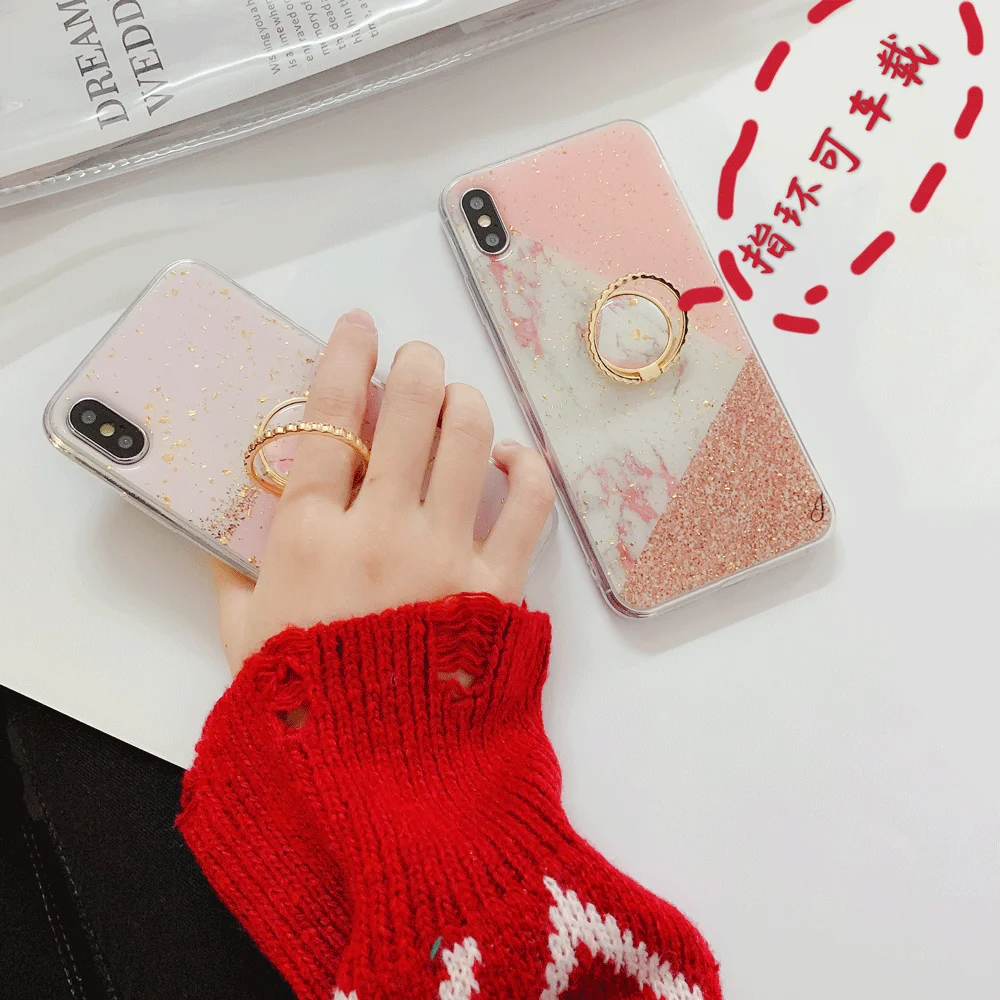 Геометрический мраморный чехол для IPhone X XS Max, блестящий золотой фольги, чехол для IPhone 8 7 6s Plus, TPU, задняя крышка, металлический палец, кольцо, держатель, чехол