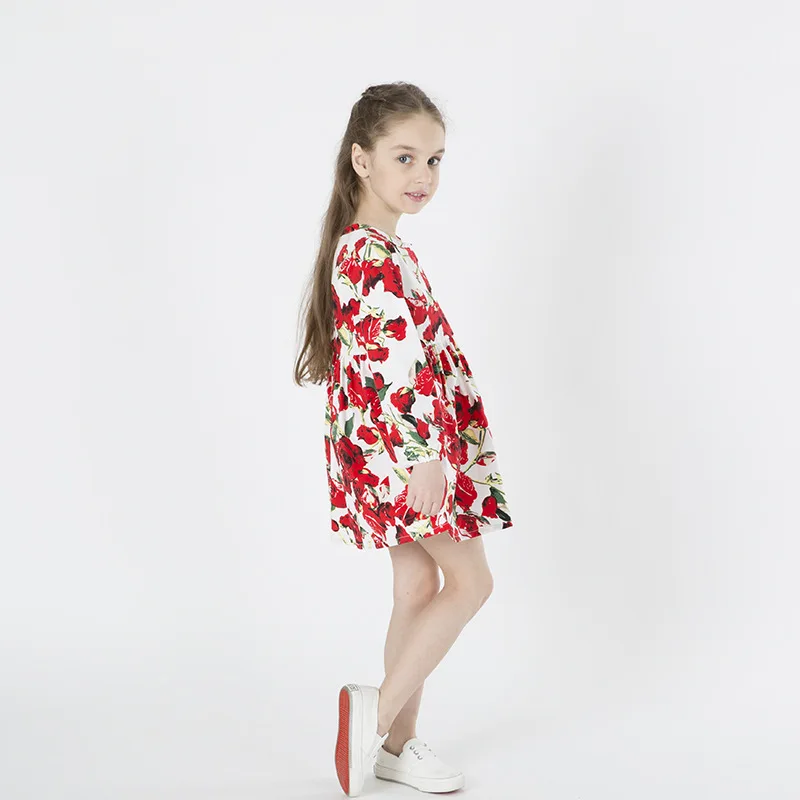 Red Flower Princess Dress Girls Long Sleeve Floral Baby Girl Wedding Party Dresses Print Outfits Toddler Clothing For 3-8T | Детская
