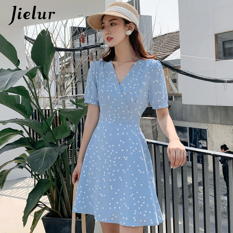 Jielur 2019 летнее платье в горошек женское с хлопок v образным вырезом Европа хипстер