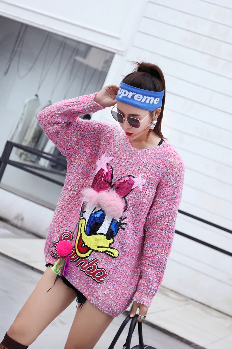 Girl Students Sweet Cartoon Duck Sequins Sweater Pretty Pink Long Knitted Wear Tops Large Size Casual Loose Pullovers | Женская одежда