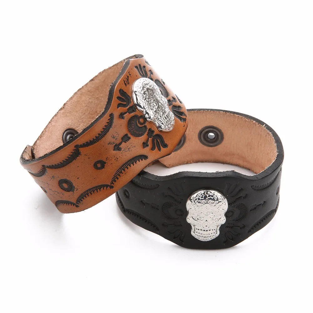 LOULEUR Black &amp Brown Punk Shantou Genuine Leather Bracelet Men Vintage Wide Cuff Bangles Adjustable Wristband Male Rock Jewelry |