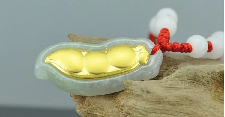 New Pure 999 Solid 24k Yellow Gold 100% Natural /Jadeite Bean Pendant
