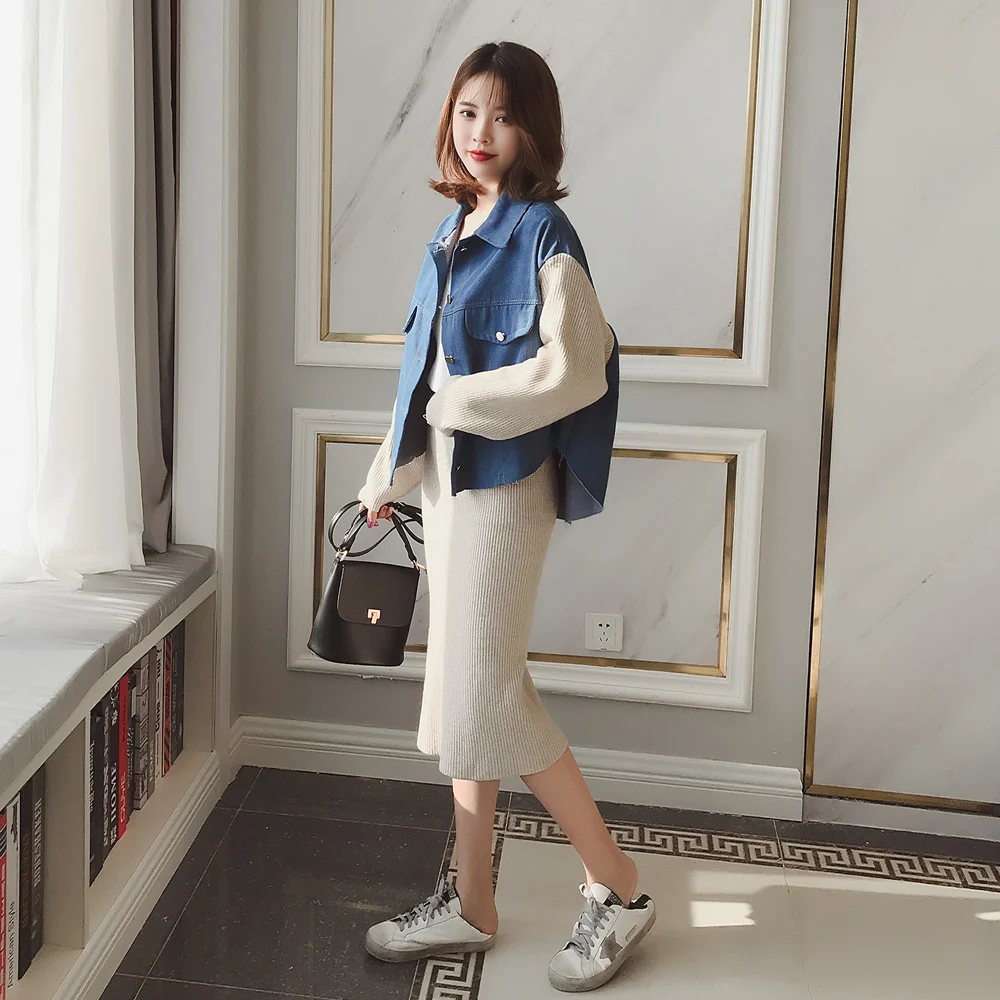 Женская Осенняя одежда новинка 2018 года трикотажное Ковбойское пальто с рукавом в